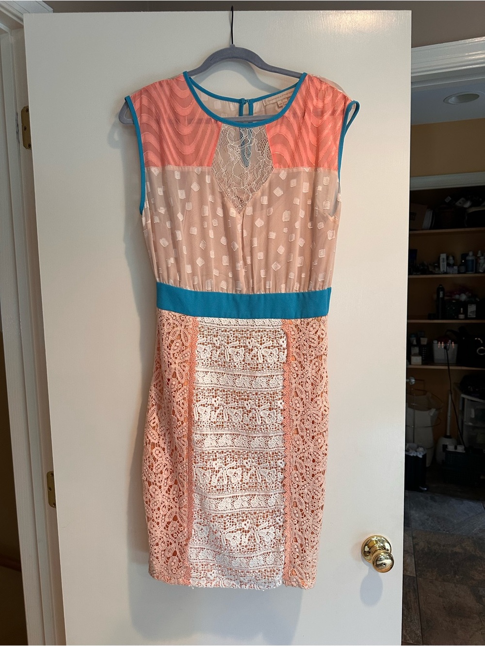 Peach Lace & Teal Trim Mini Dress